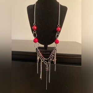 Joan Rivers silver tone and red beaded long necklace